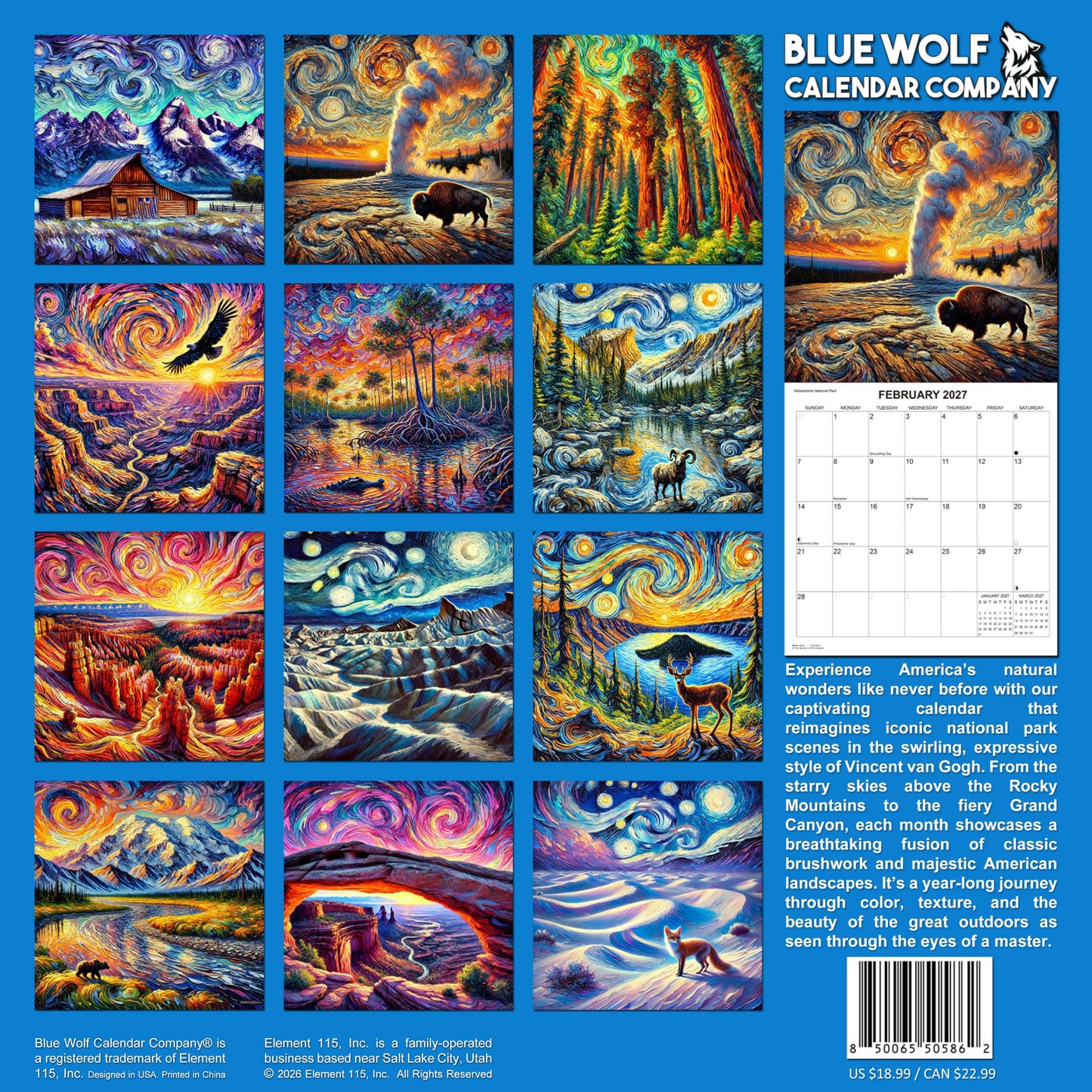 2027 National Parks through the Eyes of Van Gogh Monthly Wall Calendar - Art from America's National Parks in the Style of Vincent Van Gogh  | Impressionist Style Paintings Calendar 2026-2027