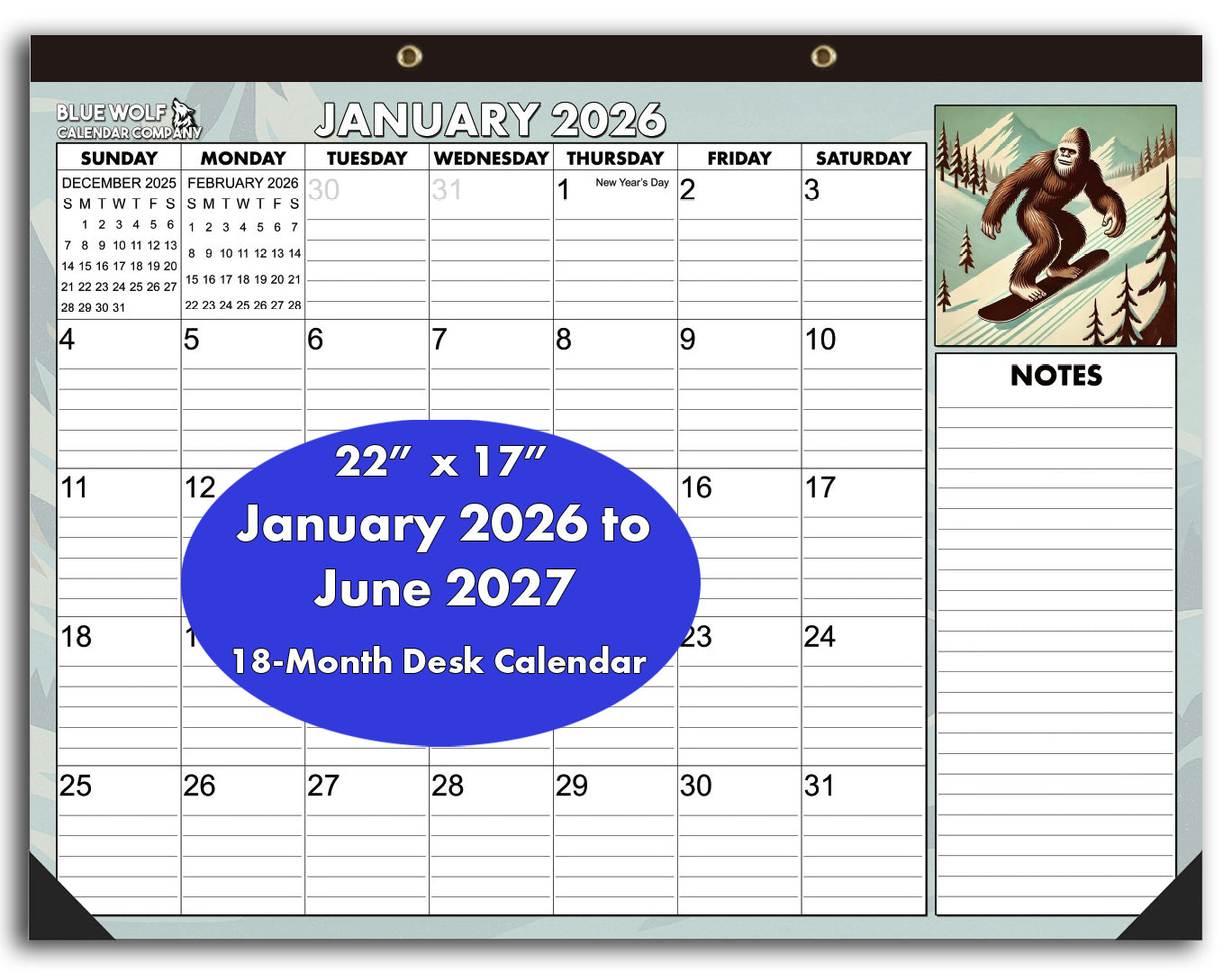 2026-2027 18-Month Monthly Desktop Calendar Bigfoot Themed | 22"x17" | January 2026 - June 2027 | Large Teacher Desk Calendar