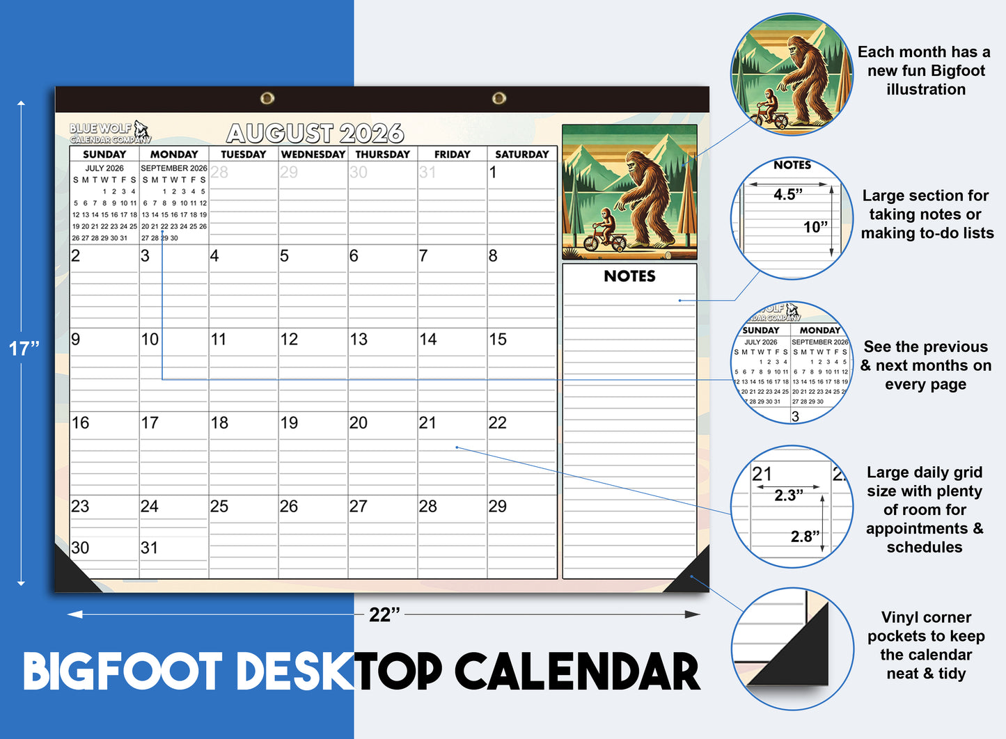 2026-2027 18-Month Monthly Desktop Calendar Bigfoot Themed | 22"x17" | January 2026 - June 2027 | Large Teacher Desk Calendar
