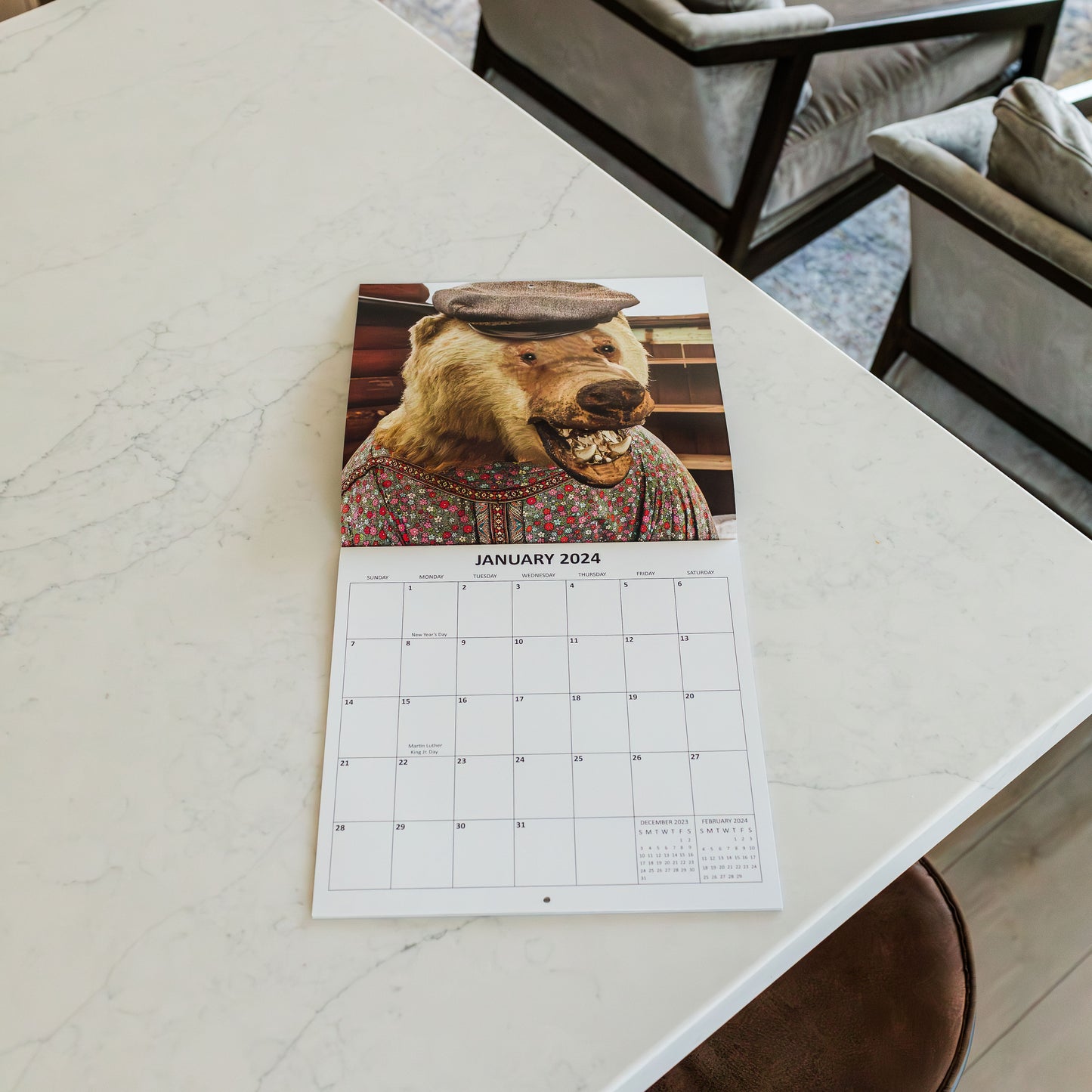 2024 Taxidermy Fail Monthly Wall Calendar Funny Gag Gift White Elephant Gift September 2023 - December 2024 12" x 24" Open Funny Bad Taxidermy Prank Gift