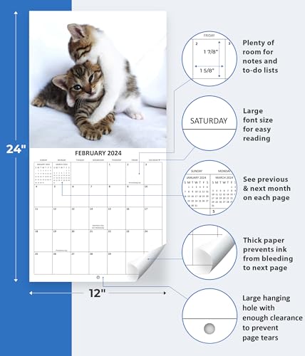 2024 Cute Kittens Monthly Wall Calendar with Four Bonus Months from 2023 16-Month Calendar Starts in September 2023 until December 2024 12" x 24" (when open) 12" x 12" (when closed) Thick Sturdy Paper Wall Calendar 2023-2024