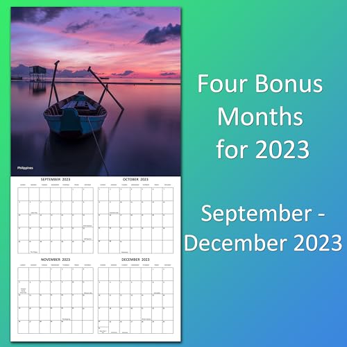 2024 Sunsets Nature Landscapes Travel Monthly Wall Calendar with Four Bonus Months from 2023 16-Month Calendar Starts in September 2023 until December 2024 12" x 24" (when open) 12" x 12" (when closed) Thick Sturdy Paper