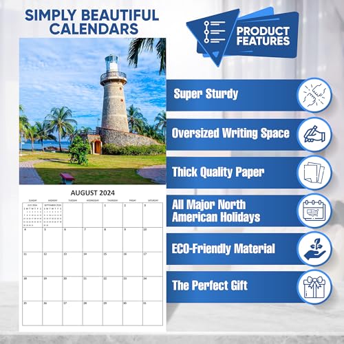 2024 Lighthouses Nature Landscapes Travel Monthly Wall Calendar with Four Bonus Months from 2023 16-Month Calendar Starts in September 2023 until December 2024 12" x 24" (when open) 12" x 12" (when closed) Thick Sturdy Paper