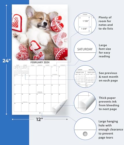 2024 Corgis Dogs Puppies Monthly Wall Calendar with Four Bonus Months from 2023 16-Month Calendar Starts in September 2023 until December 2024 12" x 24" (when open) 12" x 12" (when closed) Thick Sturdy Paper