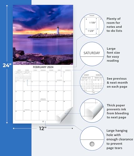 2024 Lighthouses Nature Landscapes Travel Monthly Wall Calendar with Four Bonus Months from 2023 16-Month Calendar Starts in September 2023 until December 2024 12" x 24" (when open) 12" x 12" (when closed) Thick Sturdy Paper