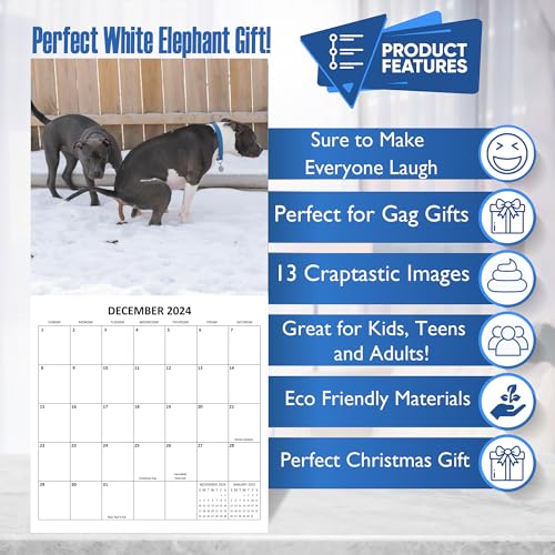 2024 Dumping Dogs Hilarious Pooping Crapping Dogs Monthly Wall Calendar with Four Bonus Months from 2023 16-Month Calendar Starts in September 2023 until December 2024 12" x 24" (when open) 12" x 12" (when closed) Thick Sturdy Paper Prank Joke White Eleph