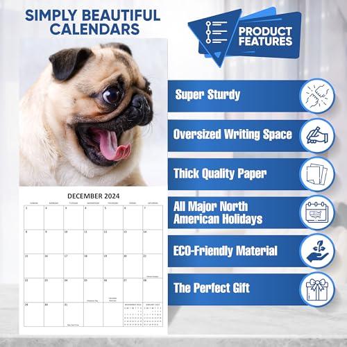 2024 Pugs Dogs Monthly Wall Calendar with Four Bonus Months from 2023 16-Month Calendar Starts in September 2023 until December 2024 12" x 24" (when open) 12" x 12" (when closed) Thick Sturdy Paper