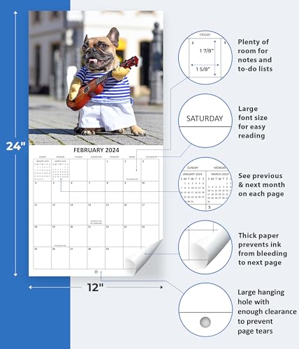 2024 French Bulldogs Monthly Hangable Wall Calendar with Four Bonus Months from 2023 16-Month Large Wall Calendar September 2023-2024 12" x 24" When Open Thick Sturdy Paper Giftable 2024 Dog Calendar