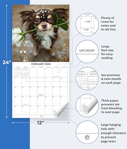 2024 Chihuahua Monthly Hangable Wall Calendar with Four Bonus Months from 2023 16-Month Large Wall Calendar September 2023-2024 12" x 24" When Open Thick Sturdy Paper Giftable 2024 Chihuaha Dog Calendar