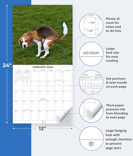 2024 Dumping Dogs Hilarious Pooping Crapping Dogs Monthly Wall Calendar with Four Bonus Months from 2023 16-Month Calendar Starts in September 2023 until December 2024 12" x 24" (when open) 12" x 12" (when closed) Thick Sturdy Paper Prank Joke White Eleph