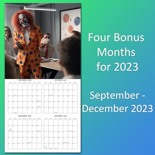 2024 Clowns in the Wild Creepy Clowns Doing Every Day Things Monthly Wall Calendar Funny Gag Gift White Elephant Gift September 2023 - December 2024 12" x 24" Open Funny Creepy Clown Images