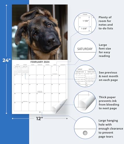 2024 German Shepherds Dogs Monthly Wall Calendar with Four Bonus Months from 2023 16-Month Calendar Starts in September 2023 until December 2024 12" x 24" (when open) 12" x 12" (when closed) Thick Sturdy Paper