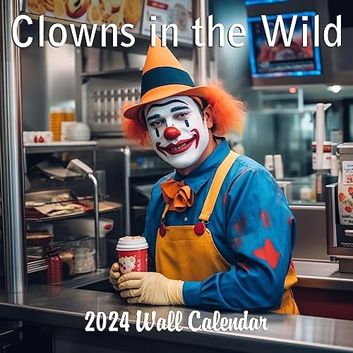 2024 Clowns in the Wild Creepy Clowns Doing Every Day Things Monthly Wall Calendar Funny Gag Gift White Elephant Gift September 2023 - December 2024 12" x 24" Open Funny Creepy Clown Images