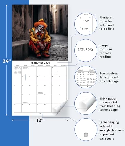 2024 Clowns in the Wild Creepy Clowns Doing Every Day Things Monthly Wall Calendar Funny Gag Gift White Elephant Gift September 2023 - December 2024 12" x 24" Open Funny Creepy Clown Images