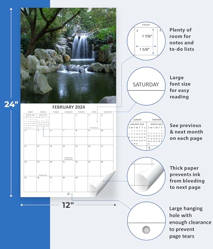 Waterfalls Monthly 2024 Hangable Wall Calendar with Four Bonus Months from 2023 16-Month Large Wall Calendar September 2023-2024 12" x 24" When Open Thick Sturdy Paper Giftable 2023 Calendar