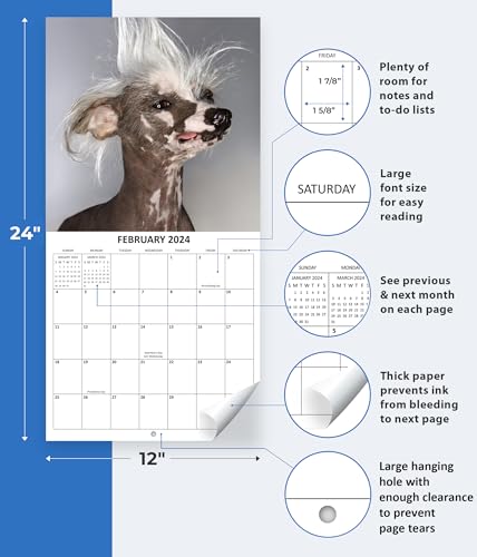 2024 Ugly Dogs Monthly Wall Calendar Hilarious Gag Gift White Elephant Gift for Dog Lovers - September 2023 - December 2024 12" x 24" Open 12" x 12" Closed Funny Dog Images Large Grid Size for Notes