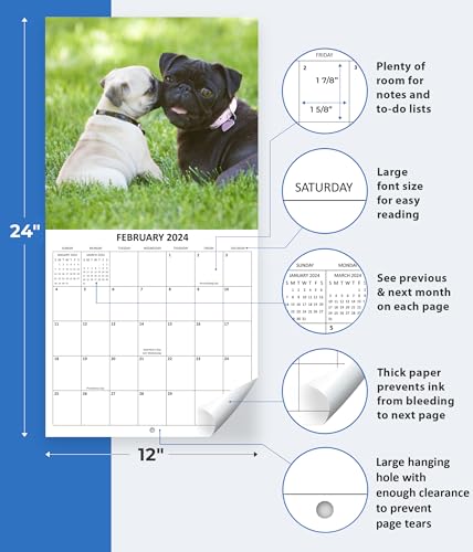 2024 Pugs Dogs Monthly Wall Calendar with Four Bonus Months from 2023 16-Month Calendar Starts in September 2023 until December 2024 12" x 24" (when open) 12" x 12" (when closed) Thick Sturdy Paper