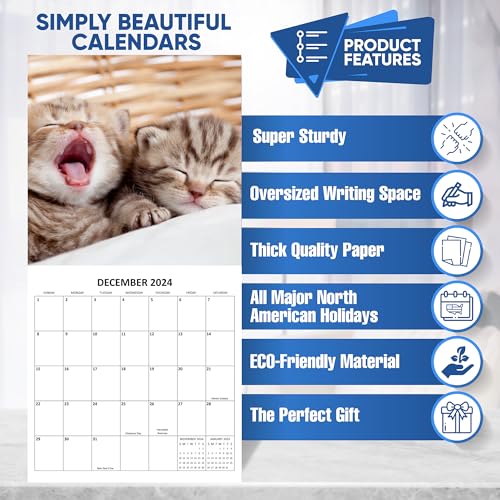 2024 Cute Kittens Monthly Wall Calendar with Four Bonus Months from 2023 16-Month Calendar Starts in September 2023 until December 2024 12" x 24" (when open) 12" x 12" (when closed) Thick Sturdy Paper Wall Calendar 2023-2024