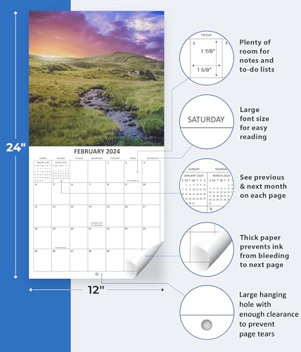 2024 Sunsets Nature Landscapes Travel Monthly Wall Calendar with Four Bonus Months from 2023 16-Month Calendar Starts in September 2023 until December 2024 12" x 24" (when open) 12" x 12" (when closed) Thick Sturdy Paper