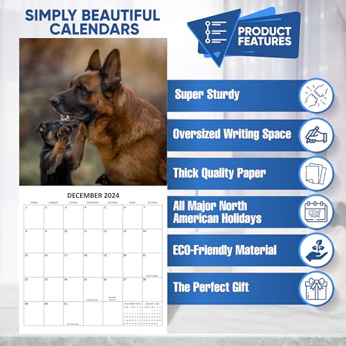 2024 German Shepherds Dogs Monthly Wall Calendar with Four Bonus Months from 2023 16-Month Calendar Starts in September 2023 until December 2024 12" x 24" (when open) 12" x 12" (when closed) Thick Sturdy Paper