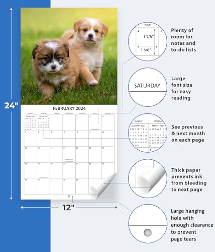 2024 Puppies Dogs Monthly Wall Calendar with Four Bonus Months from 2023 16-Month Calendar Starts in September 2023 until December 2024 12" x 24" (when open) 12" x 12" (when closed) Thick Sturdy Paper