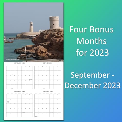 2024 Lighthouses Nature Landscapes Travel Monthly Wall Calendar with Four Bonus Months from 2023 16-Month Calendar Starts in September 2023 until December 2024 12" x 24" (when open) 12" x 12" (when closed) Thick Sturdy Paper