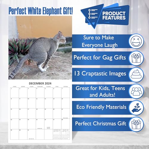 2024 Fecal Felines Crapping Cats White Elephant Gift Monthly Wall Calendar with Four Bonus Months from 2023 16-Month Calendar Starts in September 2023 until December 2024 12" x 24" (when open) 12" x 12" (when closed) Thick Sturdy Paper