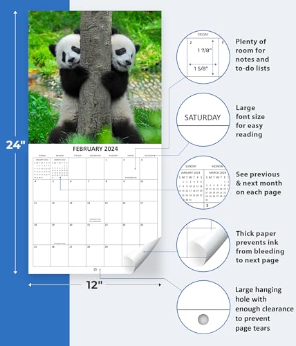 2024 Baby Pandas Monthly Hangable Wall Calendar with Four Bonus Months from 2023 16-Month Large Wall Calendar September 2023-2024 12" x 24" When Open Thick Sturdy Paper Giftable Animal 2024 Calendar