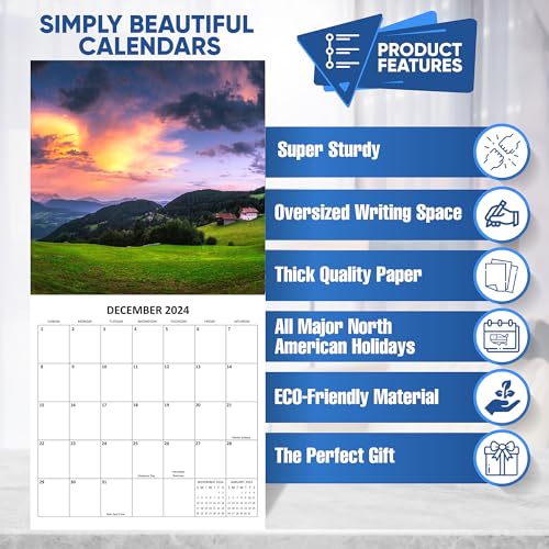 2024 Sunsets Nature Landscapes Travel Monthly Wall Calendar with Four Bonus Months from 2023 16-Month Calendar Starts in September 2023 until December 2024 12" x 24" (when open) 12" x 12" (when closed) Thick Sturdy Paper