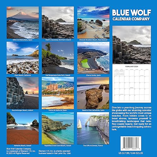 Unique Beaches Monthly 2024 Hangable Wall Calendar with Four Bonus Months from 2023 16-Month Large Wall Calendar September 2023-2024 12" x 24" When Open Thick Sturdy Paper Giftable