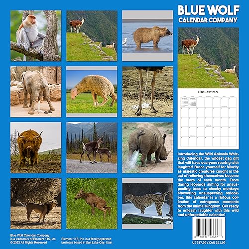 2024 Wild Animals Whizzing Monthly Wall Calendar Wild Animals Pooping Hilarious Gag Gift White Elephant Gift September 2023 - December 2024 12" x 24" Funny Animals Wild Animals Peeing Prank Gift