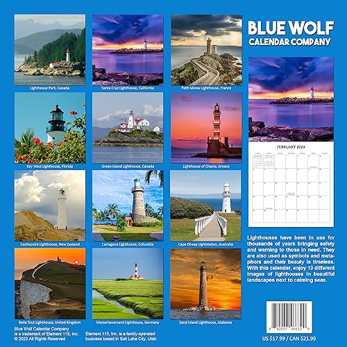 2024 Lighthouses Nature Landscapes Travel Monthly Wall Calendar with Four Bonus Months from 2023 16-Month Calendar Starts in September 2023 until December 2024 12" x 24" (when open) 12" x 12" (when closed) Thick Sturdy Paper