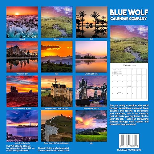 2024 Sunsets Nature Landscapes Travel Monthly Wall Calendar with Four Bonus Months from 2023 16-Month Calendar Starts in September 2023 until December 2024 12" x 24" (when open) 12" x 12" (when closed) Thick Sturdy Paper