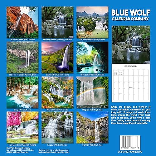 Waterfalls Monthly 2024 Hangable Wall Calendar with Four Bonus Months from 2023 16-Month Large Wall Calendar September 2023-2024 12" x 24" When Open Thick Sturdy Paper Giftable 2023 Calendar